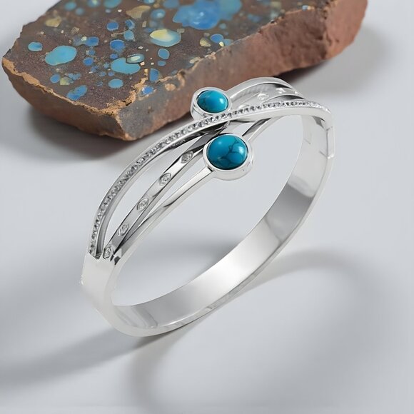 🆕️18K Gold Plated Turquoise & Zirconia Bangle Bracelet | Dainty Elegant & Chic✨ - Picture 6 of 16